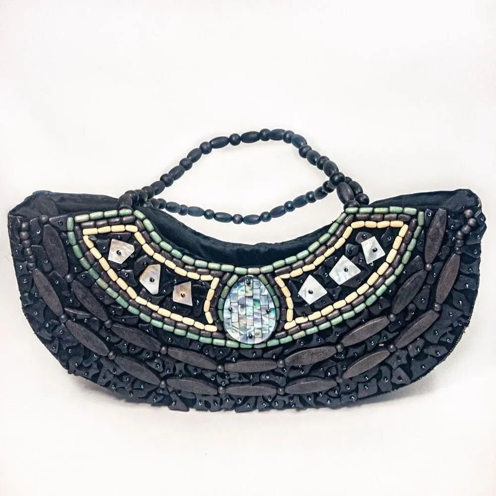 VTG Beaded Burlap Galleon Handbag
